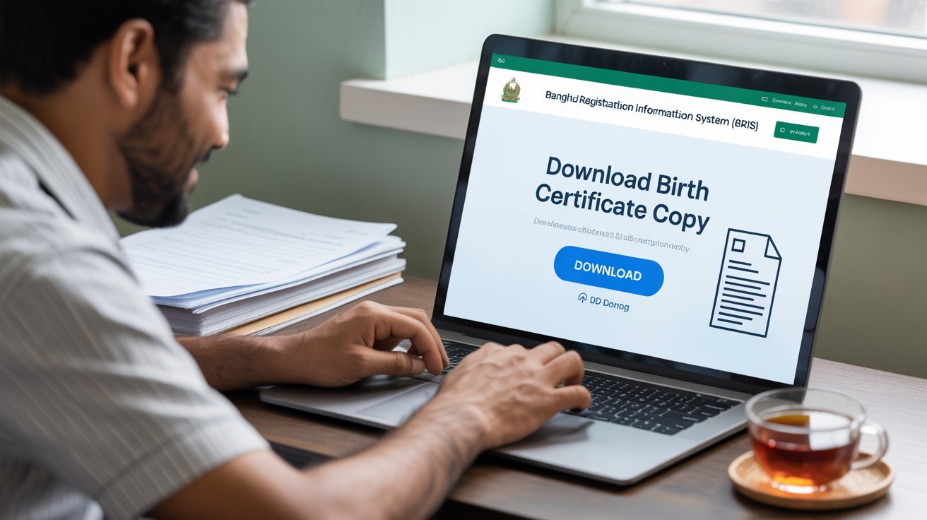 একজন ব্যক্তি ল্যাপটপে BRIS ওয়েবসাইট থেকে জন্ম সনদের কপি ডাউনলোড করছেন