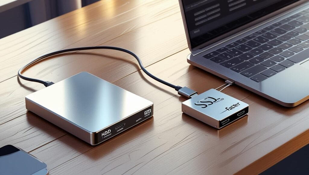 External hard drive connected to a laptop, with visual comparison between HDD and SSD showing speed and size differences.