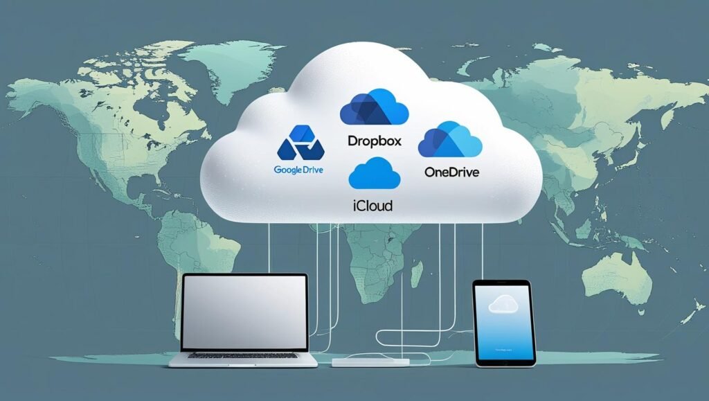 loud storage illustration showing a cloud connected to laptop, smartphone, and tablet, with icons of Google Drive, Dropbox, OneDrive, iCloud, and Mega