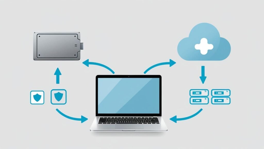 Diagram of hybrid backup strategy showing a user device syncing data to both a cloud service and an external SSD drive