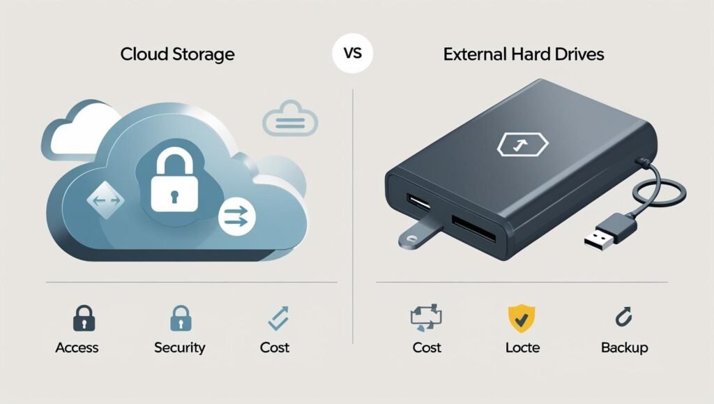 Infographic comparing cloud storage and external hard drive features like accessibility, security, cost, and backup, side by side.