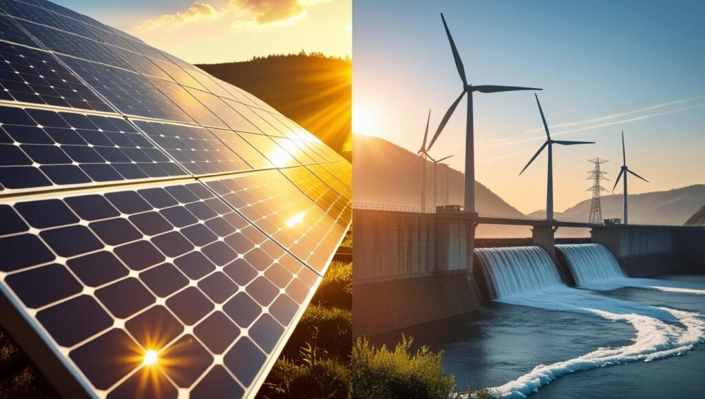 স্পষ্ট নীল আকাশের নিচে সোলার প্যানেল ক্ষেত্র এবং পেছনে ঘূর্ণায়মান উইন্ড টারবাইন