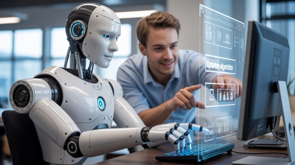 AI automation working alongside human employees in modern office