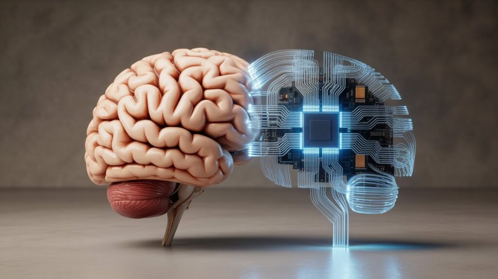 Human brain vs AI brain illustration showing creativity vs automation