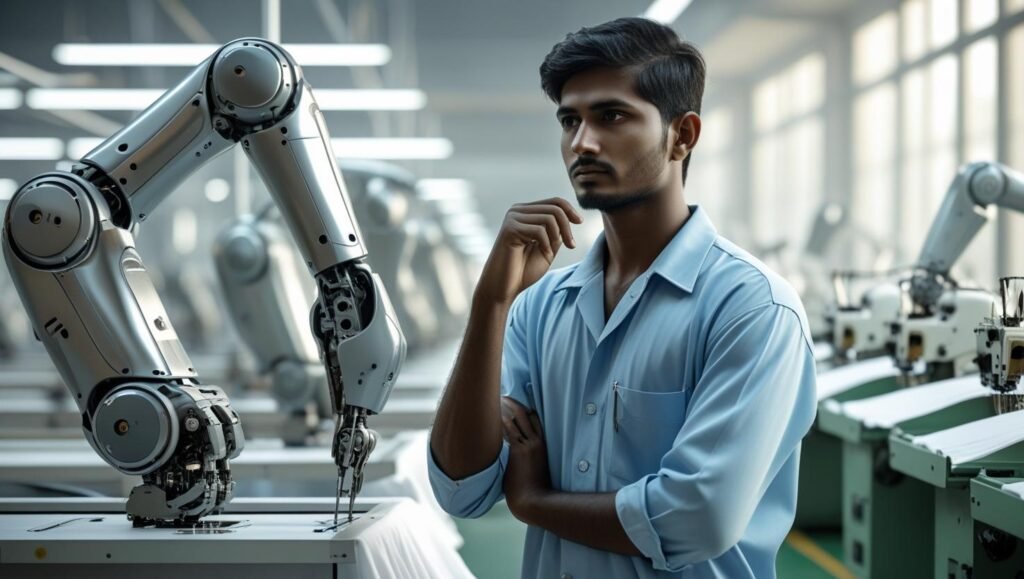 গার্মেন্টস ফ্যাক্টরিতে রোবট এবং মানব শ্রমিক একসাথে কাজ করছে