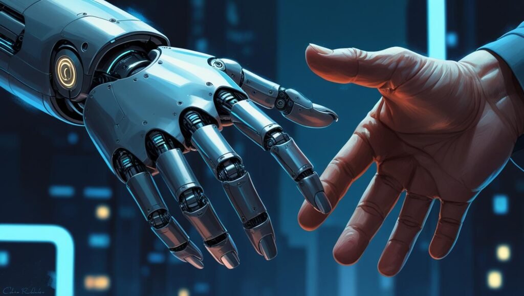 রোবট হাত এবং মানুষের হাত মিলছে, প্রযুক্তি ও মানব সহায়তার প্রতীক