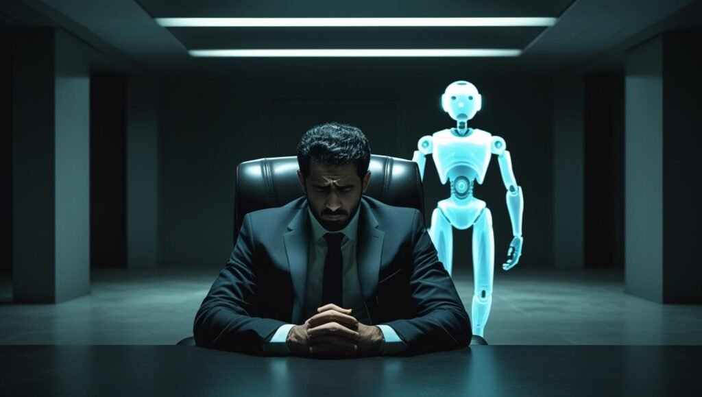 রোবট প্রযুক্তির কারণে চাকরি হারানোর কারণে চিন্তিত একজন কর্মী