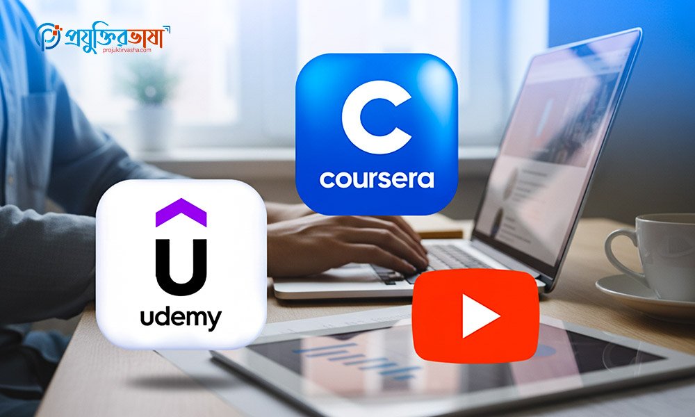 YouTube, Udemy এবং Coursera প্ল্যাটফর্মগুলোর তুলনামূলক চার্ট, তাদের সুবিধা ও শিক্ষার ধরন দেখানো হয়েছে